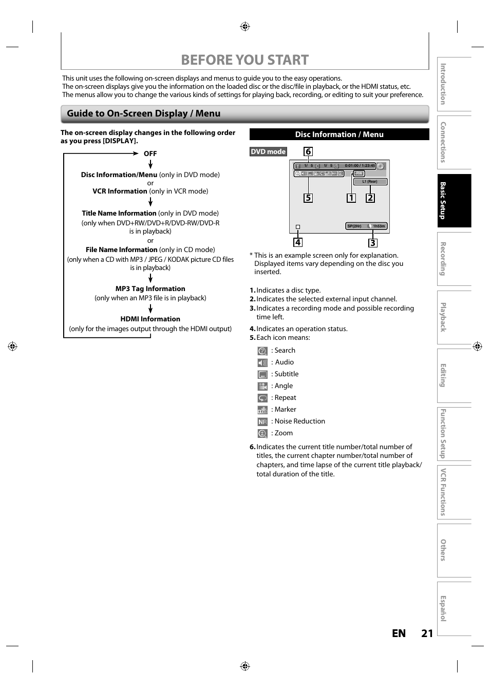 Guide to on-screen display / menu, Before you start, 21 en en | Philips Magnavox ZV427MG9 User Manual | Page 21 / 98