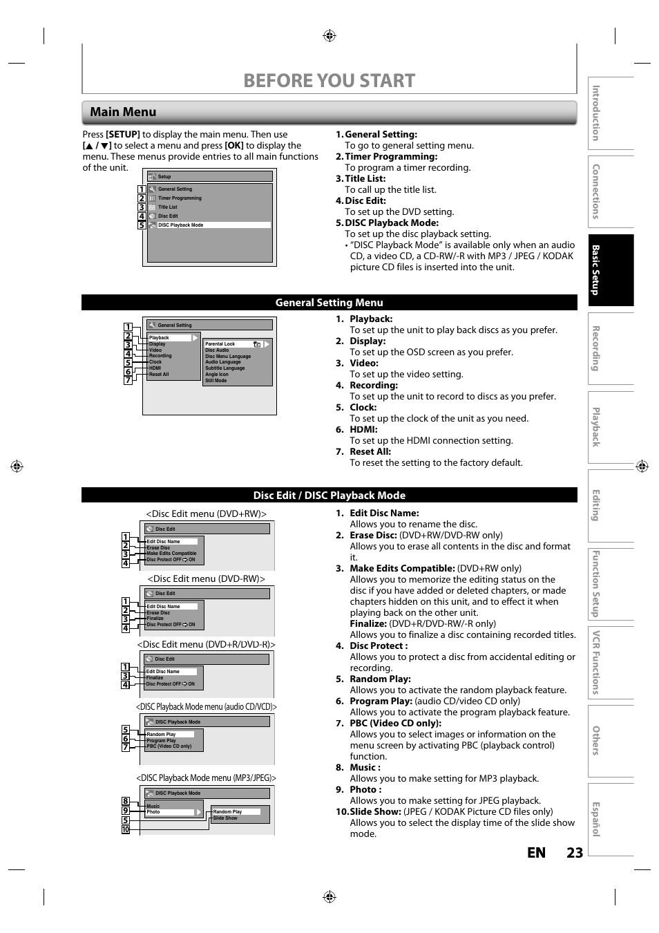 Main menu, Before you start, 23 en en | Philips Magnavox ZV427MG9 User Manual | Page 23 / 98