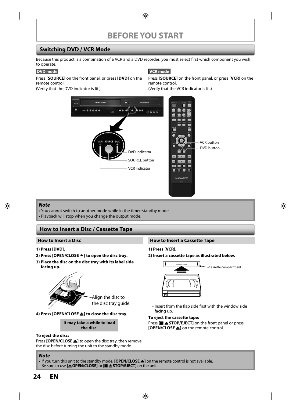 Switching dvd / vcr mode, How to insert a disc / cassette tape, Before you start | 24 en en | Philips Magnavox ZV427MG9 User Manual | Page 24 / 98