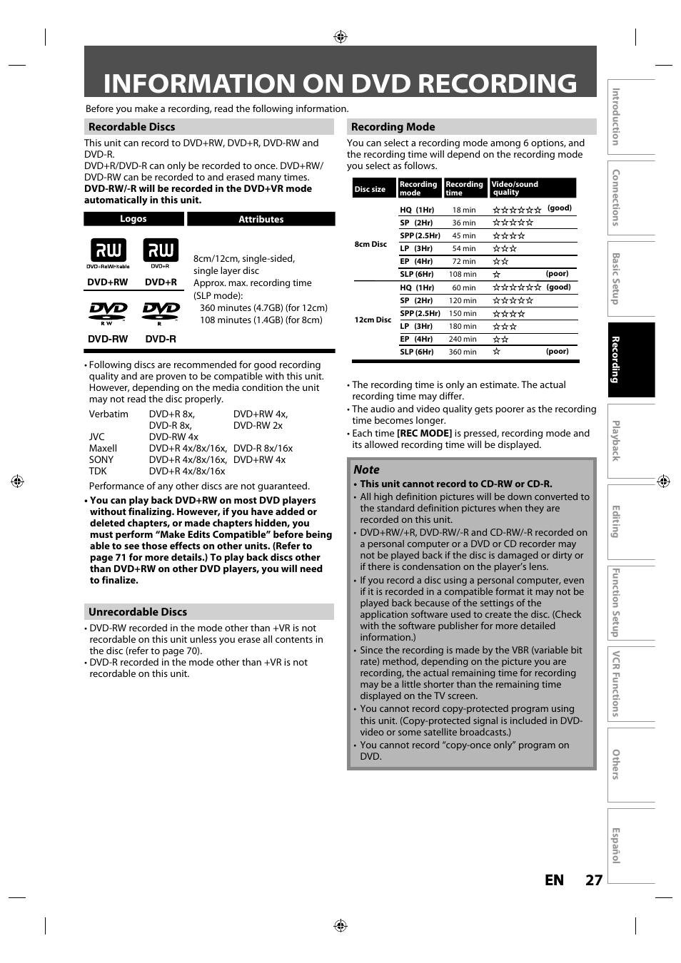 Recording, Information on dvd recording, 27 en en | Philips Magnavox ZV427MG9 User Manual | Page 27 / 98