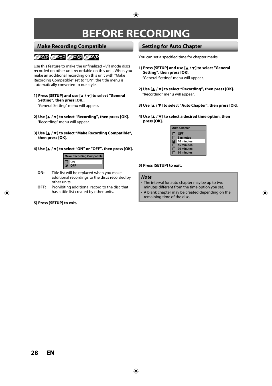 Before recording, Make recording compatible, Setting for auto chapter | 28 en en, Make recording compatible setting for auto chapter | Philips Magnavox ZV427MG9 User Manual | Page 28 / 98