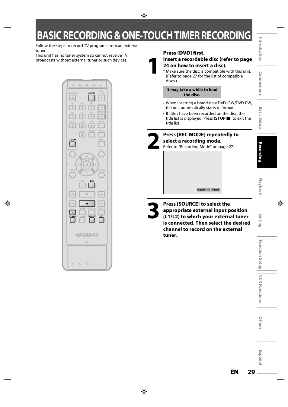 Basic recording & one-touch timer recording | Philips Magnavox ZV427MG9 User Manual | Page 29 / 98