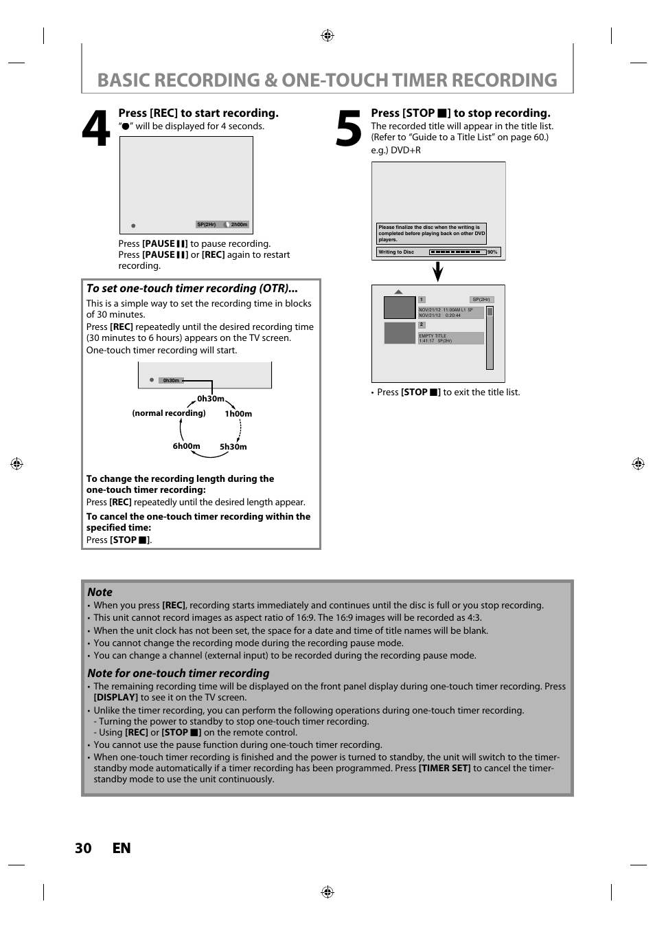 Basic recording & one-touch timer recording, 30 en en | Philips Magnavox ZV427MG9 User Manual | Page 30 / 98