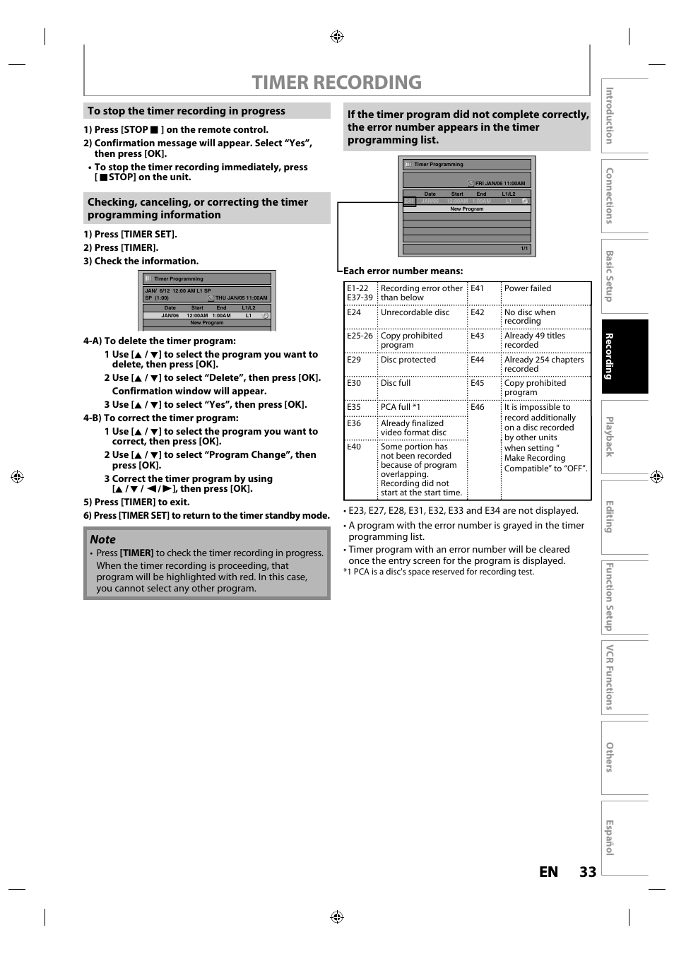 Timer recording, 33 en en | Philips Magnavox ZV427MG9 User Manual | Page 33 / 98