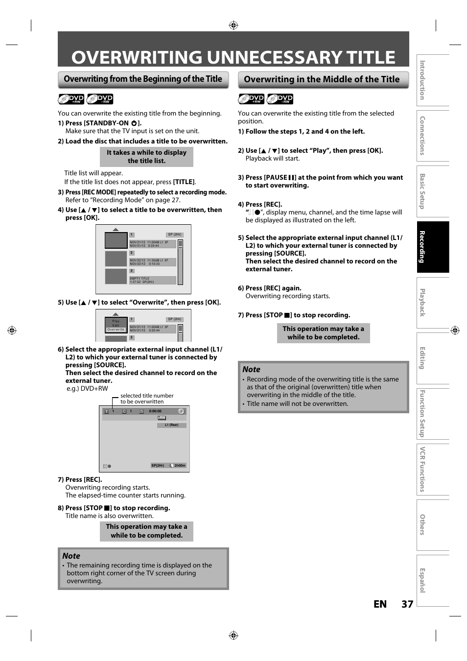 Overwriting unnecessary title, Overwriting from the beginning of the title, Overwriting in the middle of the title | 37 en en | Philips Magnavox ZV427MG9 User Manual | Page 37 / 98