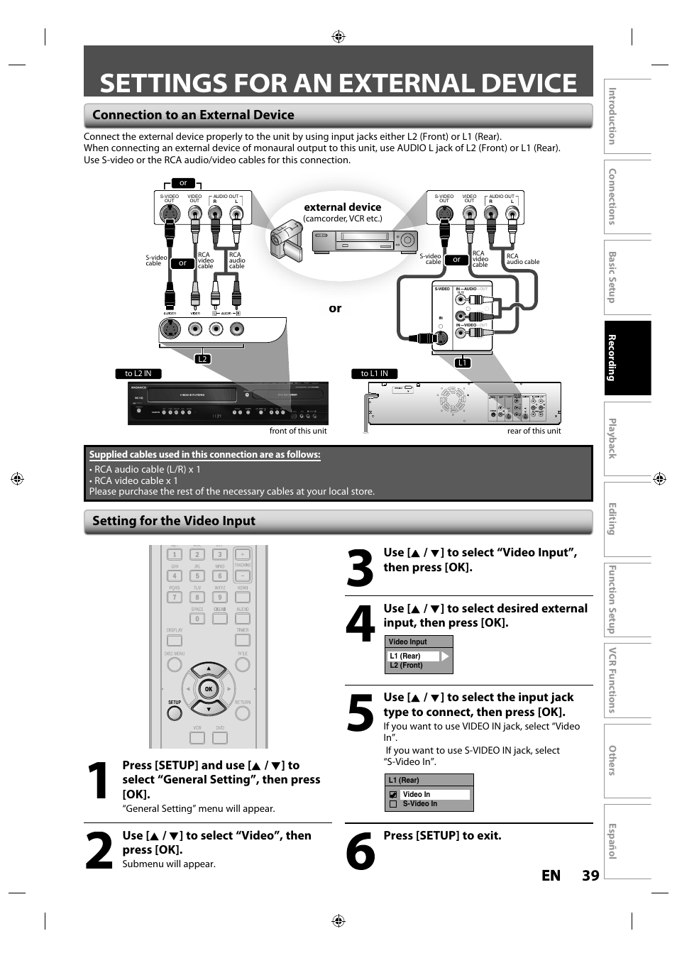 Settings for an external device, Connection to an external device, Setting for the video input | 39 en en | Philips Magnavox ZV427MG9 User Manual | Page 39 / 98