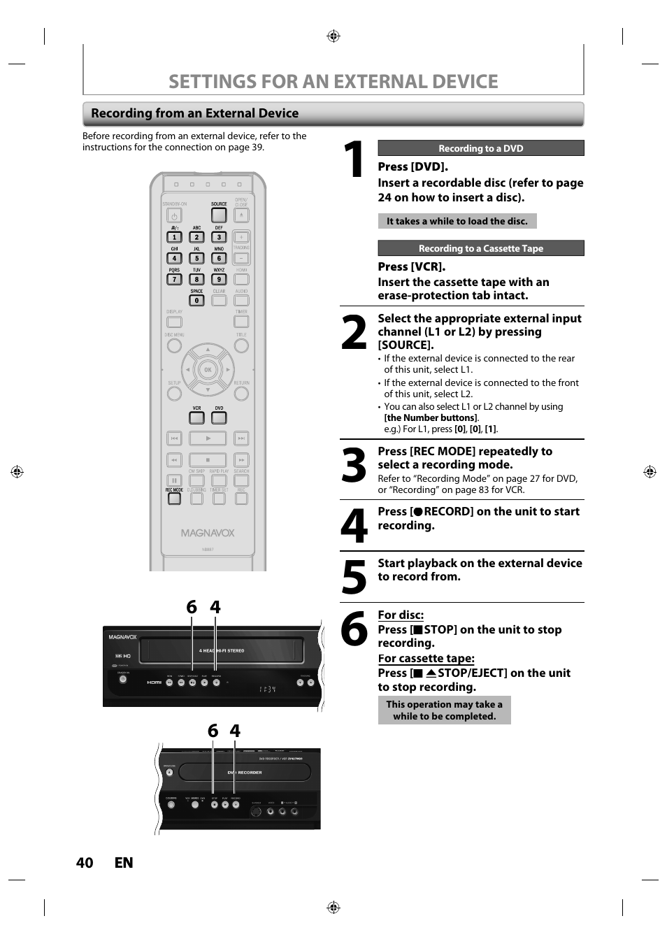 Recording from an external device | Philips Magnavox ZV427MG9 User Manual | Page 40 / 98