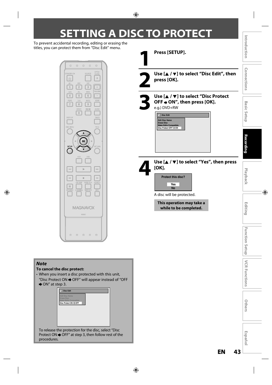 Setting a disc to protect | Philips Magnavox ZV427MG9 User Manual | Page 43 / 98