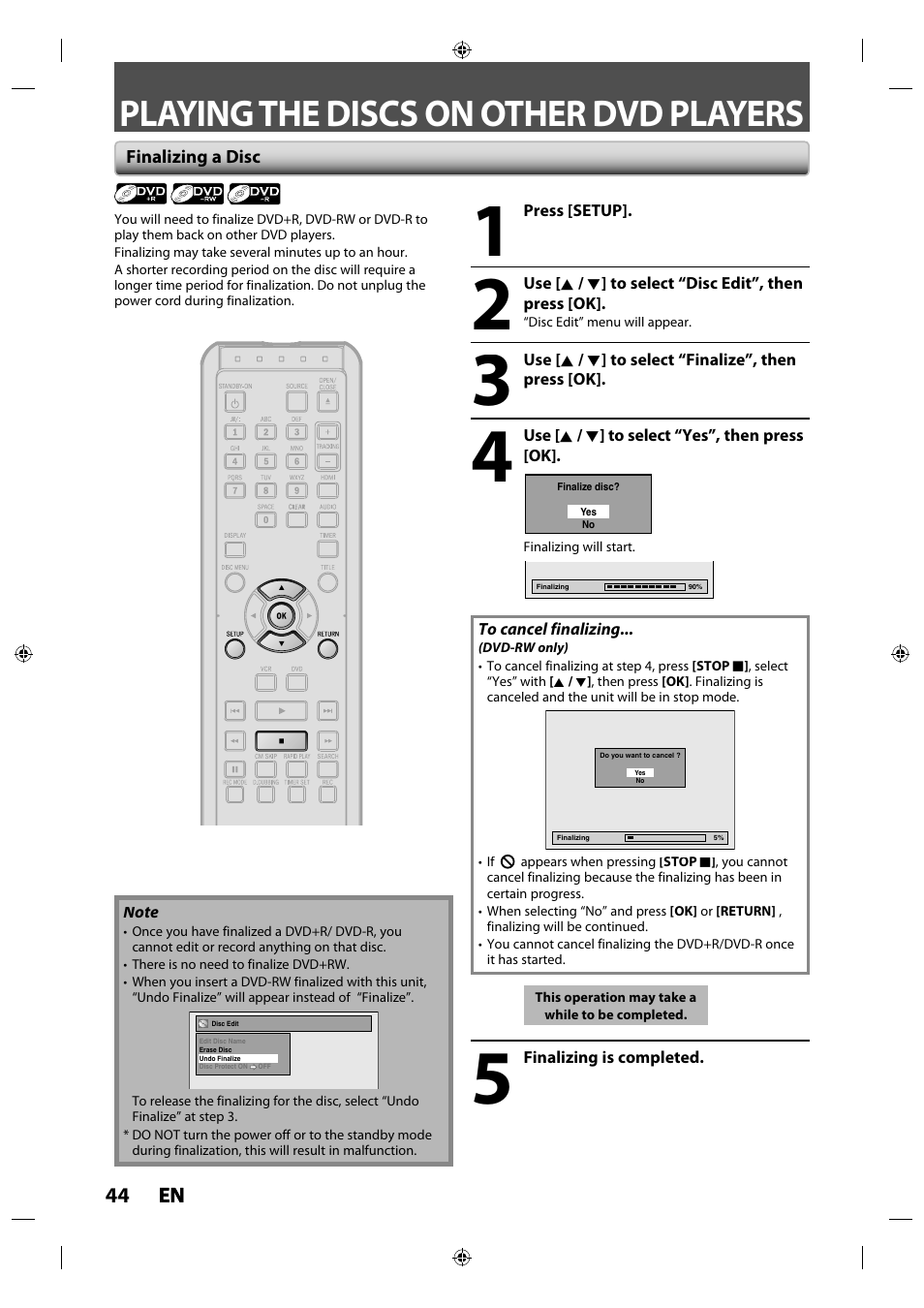 Playing the discs on other dvd players, Finalizing a disc | Philips Magnavox ZV427MG9 User Manual | Page 44 / 98