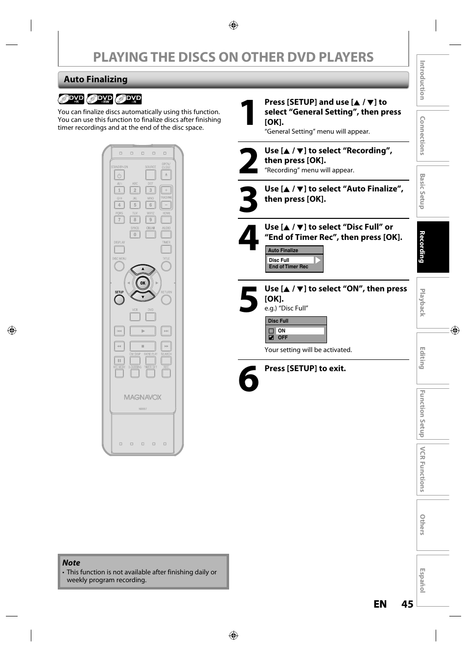 Auto finalizing, Playback, Playing the discs on other dvd players | Philips Magnavox ZV427MG9 User Manual | Page 45 / 98