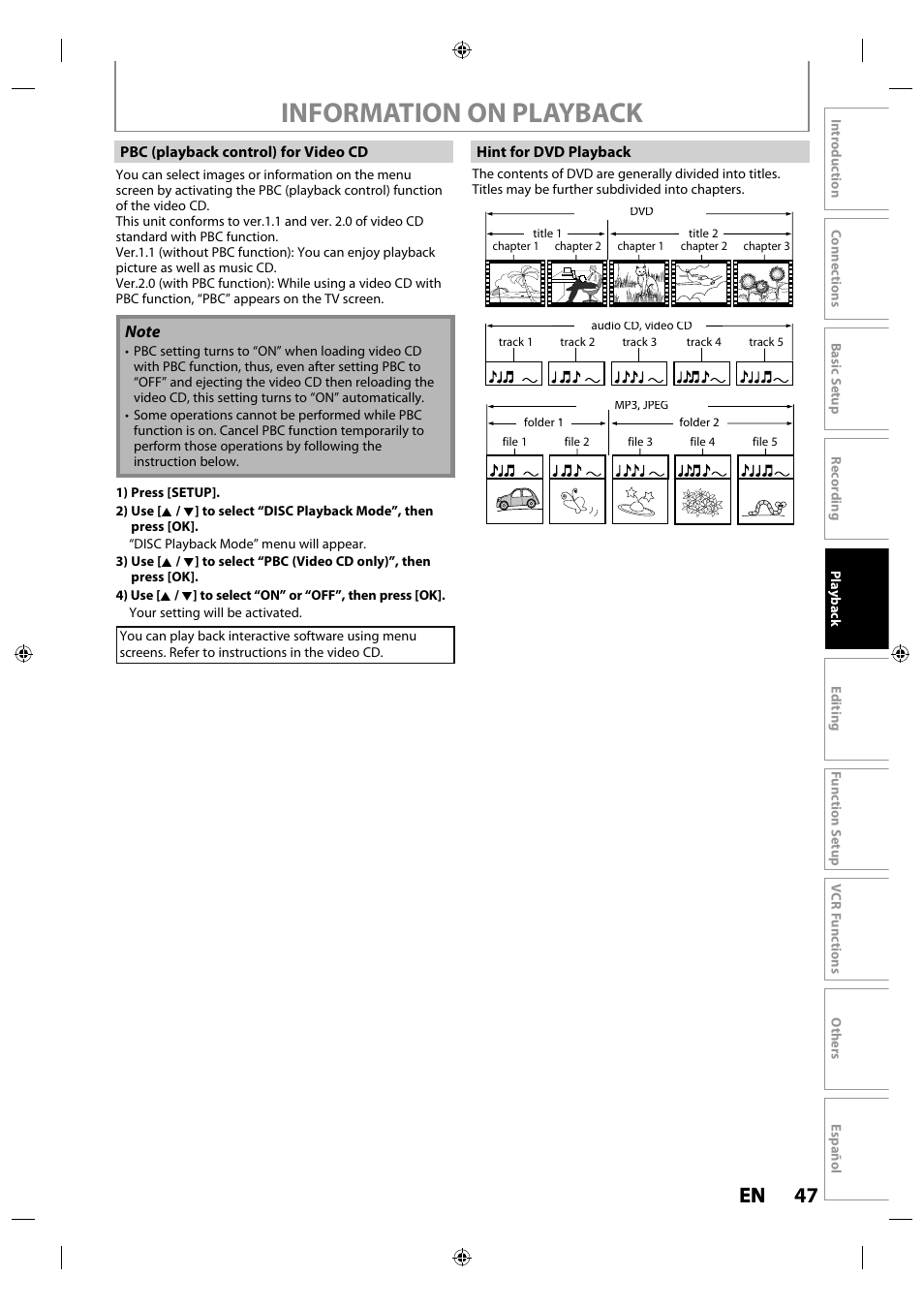 Information on playback, 47 en en | Philips Magnavox ZV427MG9 User Manual | Page 47 / 98