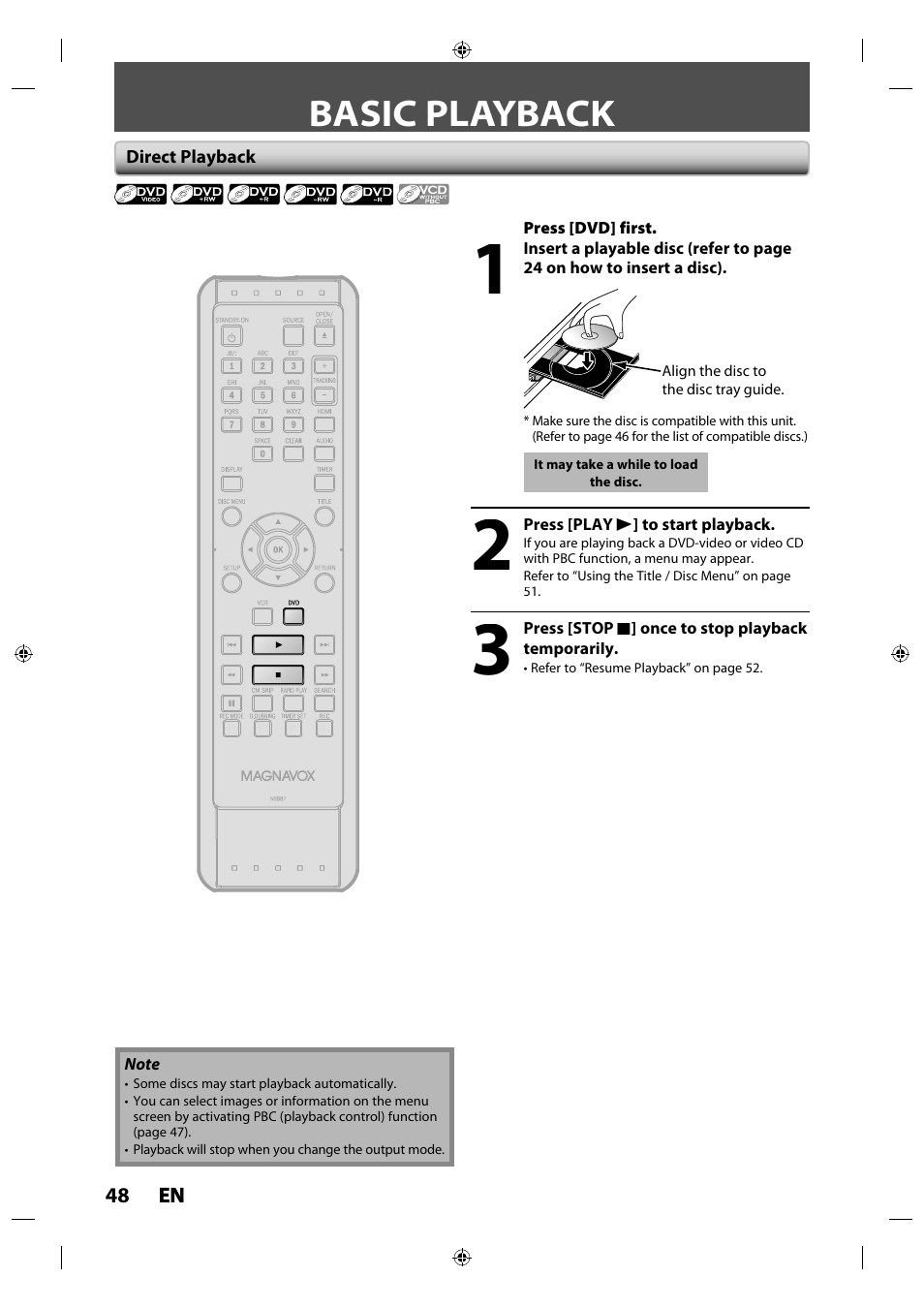 Basic playback, Direct playback | Philips Magnavox ZV427MG9 User Manual | Page 48 / 98