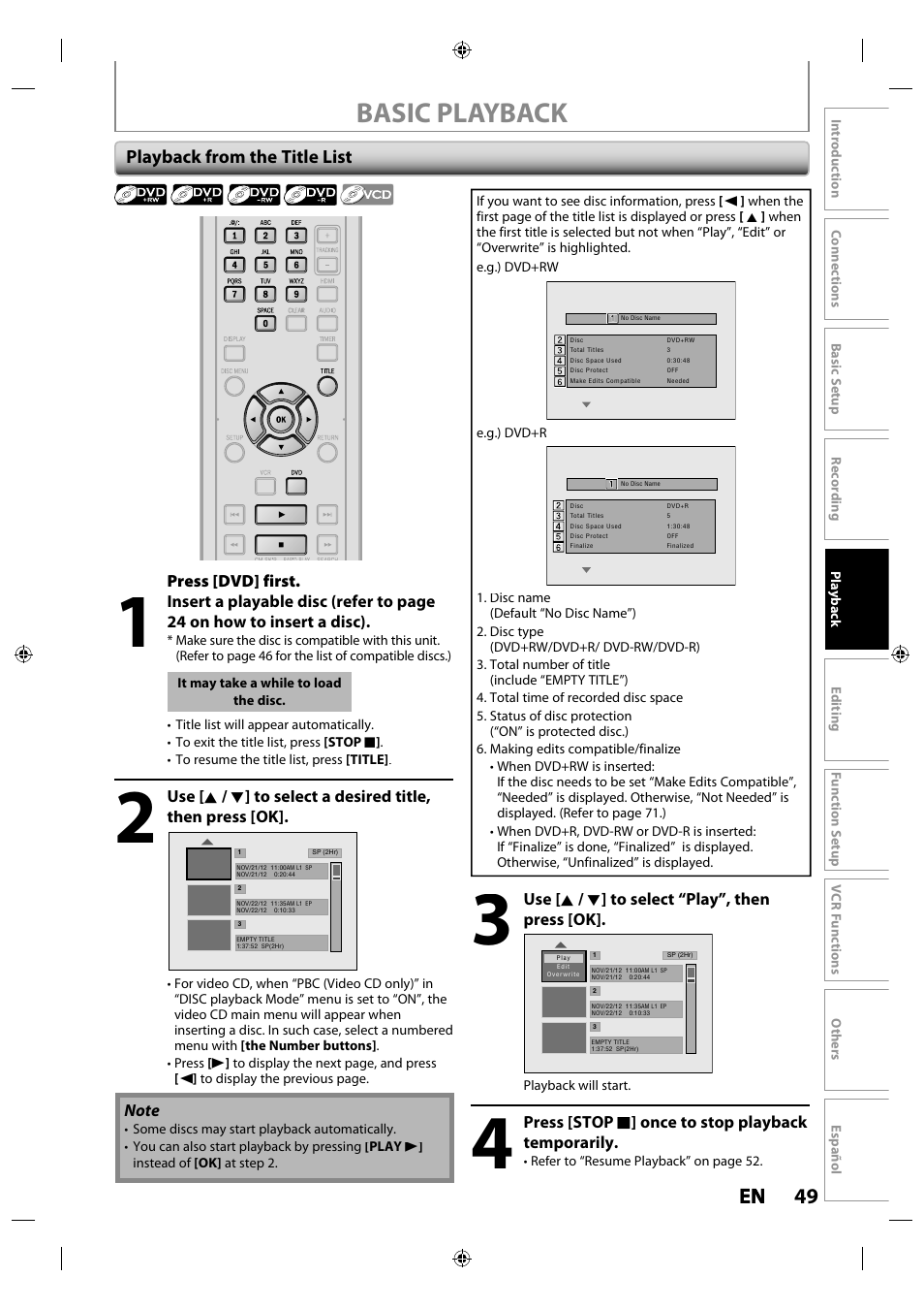 Playback from the title list, Basic playback, 49 en en | Philips Magnavox ZV427MG9 User Manual | Page 49 / 98