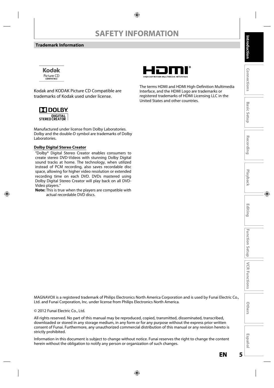 Safety information, 5en en | Philips Magnavox ZV427MG9 User Manual | Page 5 / 98