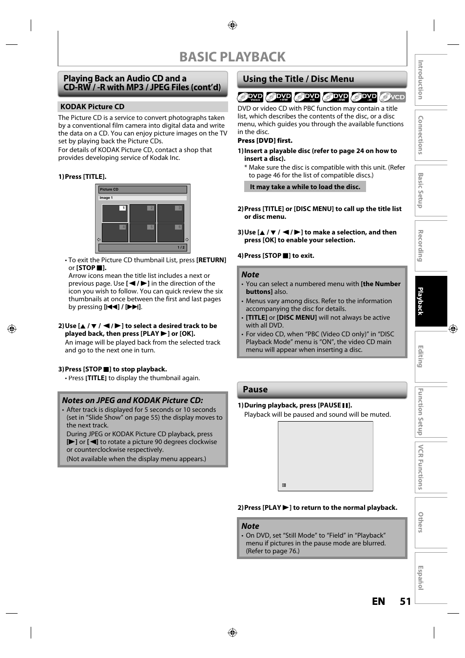 Using the title / disc menu, Pause, Basic playback | 51 en en | Philips Magnavox ZV427MG9 User Manual | Page 51 / 98