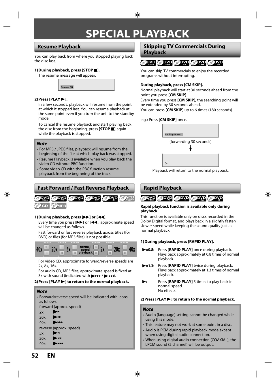 Special playback, Resume playback, Fast forward / fast reverse playback | Skipping tv commercials duringplayback, Rapid playback, 52 en en | Philips Magnavox ZV427MG9 User Manual | Page 52 / 98