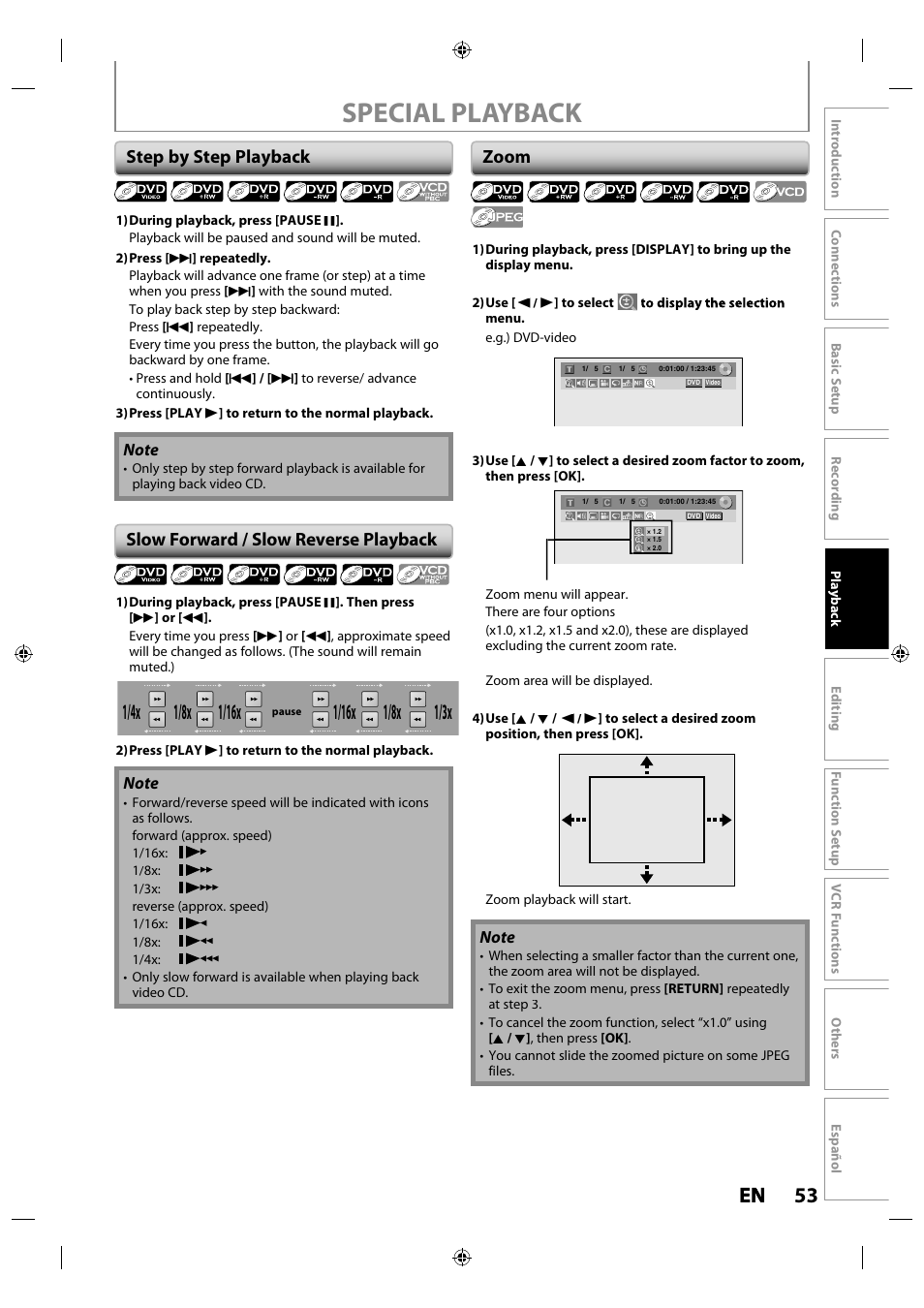 Step by step playback, Slow forward / slow reverse playback, Zoom | Special playback, 53 en en, 1/8x | Philips Magnavox ZV427MG9 User Manual | Page 53 / 98