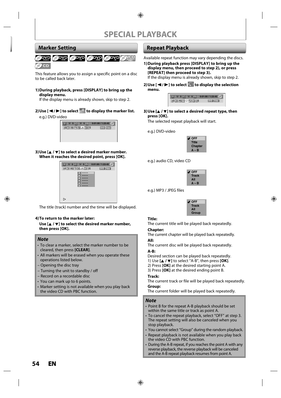 Marker setting, Repeat playback, Special playback | 54 en en | Philips Magnavox ZV427MG9 User Manual | Page 54 / 98