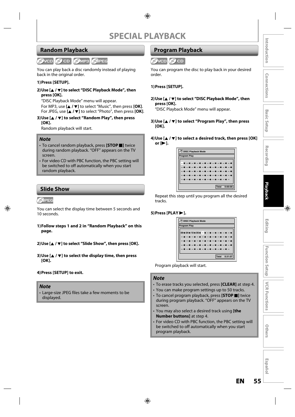 Random playback, Slide show, Program playback | Special playback, 55 en en | Philips Magnavox ZV427MG9 User Manual | Page 55 / 98