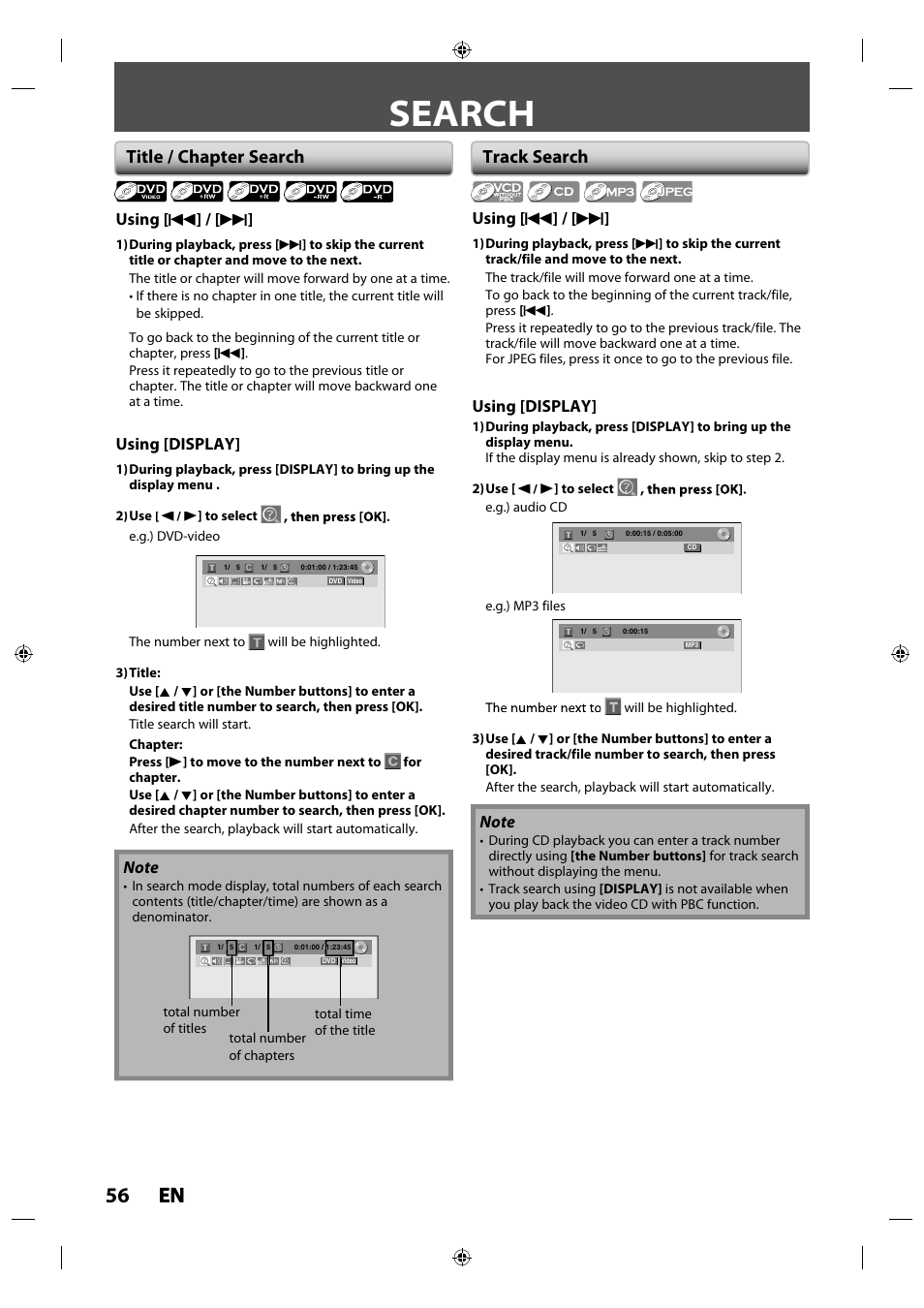 Search, Title / chapter search, Track search | 56 en en, Using [ h ] / [ g, Using [display | Philips Magnavox ZV427MG9 User Manual | Page 56 / 98