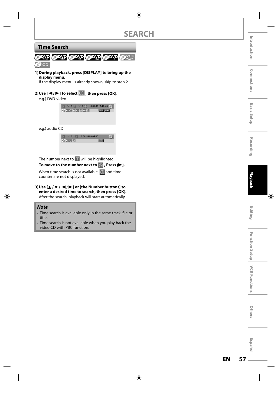 Time search, Search, 57 en en | Philips Magnavox ZV427MG9 User Manual | Page 57 / 98