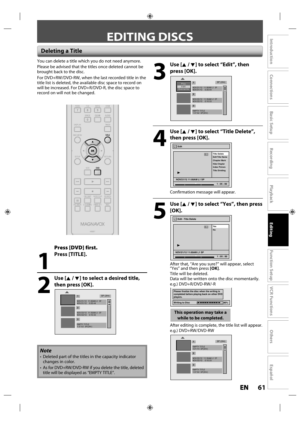 Editing discs, Deleting a title, 61 en en | Philips Magnavox ZV427MG9 User Manual | Page 61 / 98