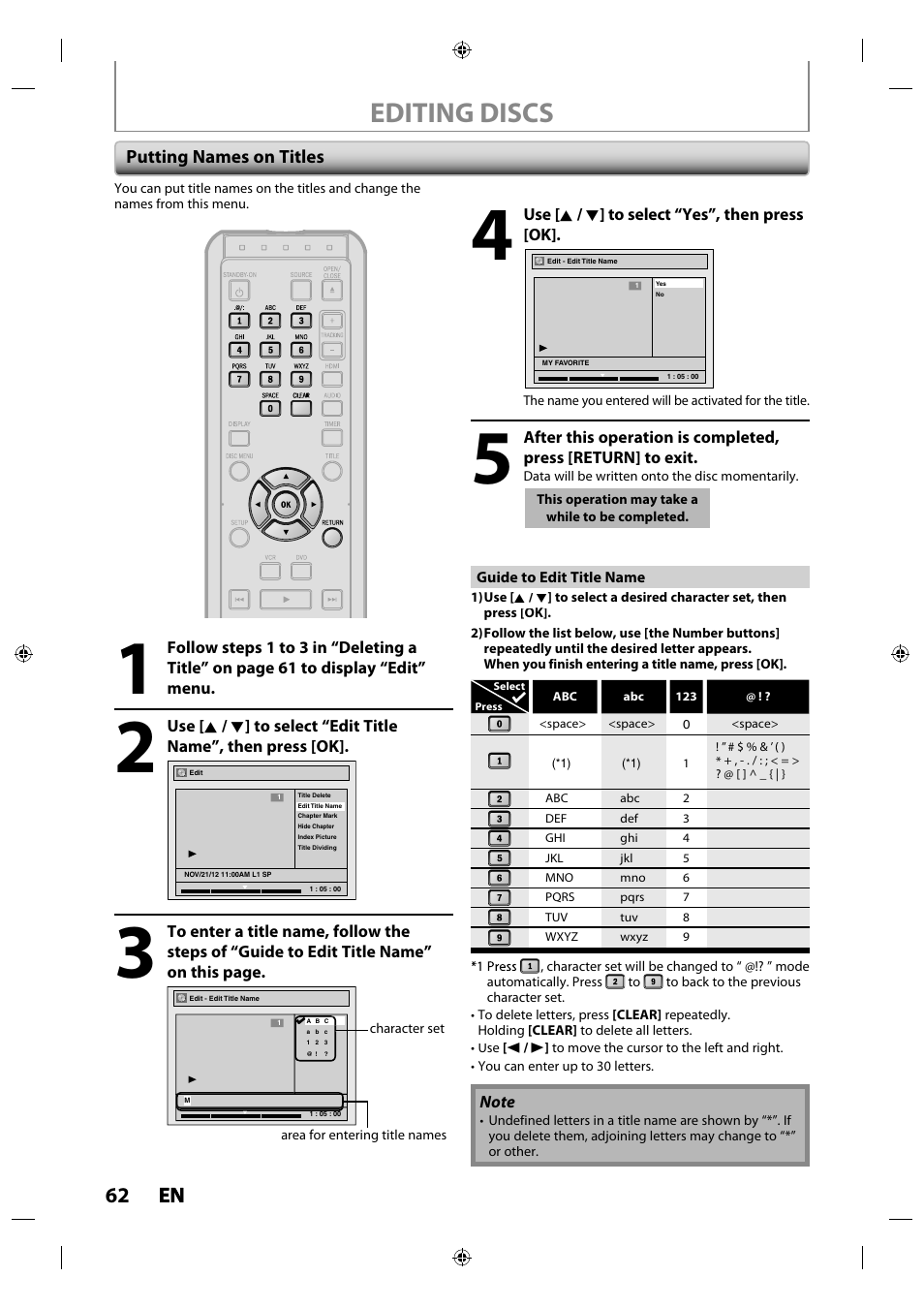 Putting names on titles, Editing discs, 62 en en | Philips Magnavox ZV427MG9 User Manual | Page 62 / 98