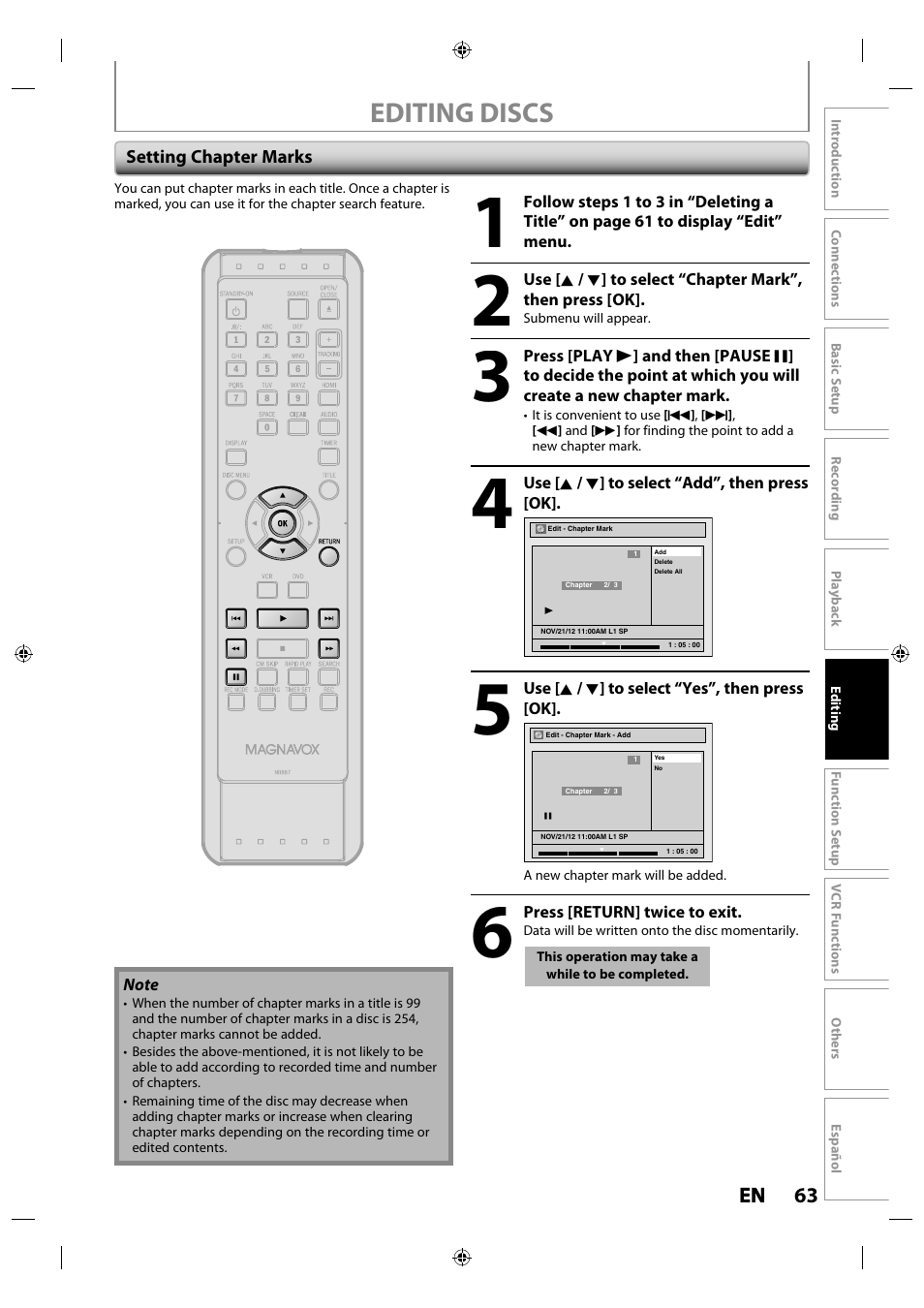 Setting chapter marks, Editing discs | Philips Magnavox ZV427MG9 User Manual | Page 63 / 98