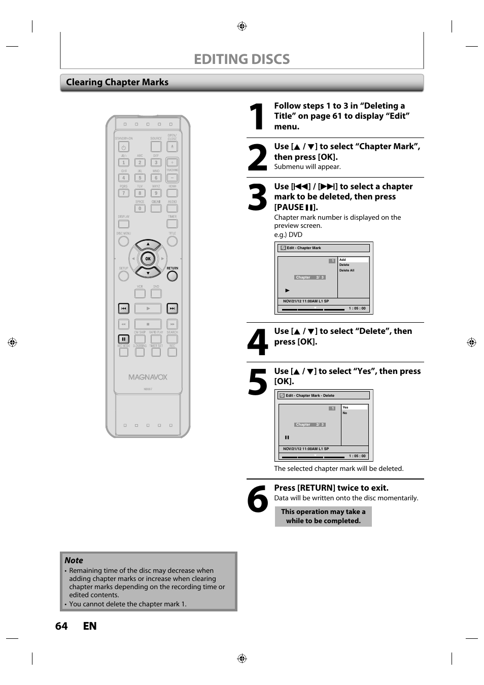 Clearing chapter marks, Editing discs | Philips Magnavox ZV427MG9 User Manual | Page 64 / 98