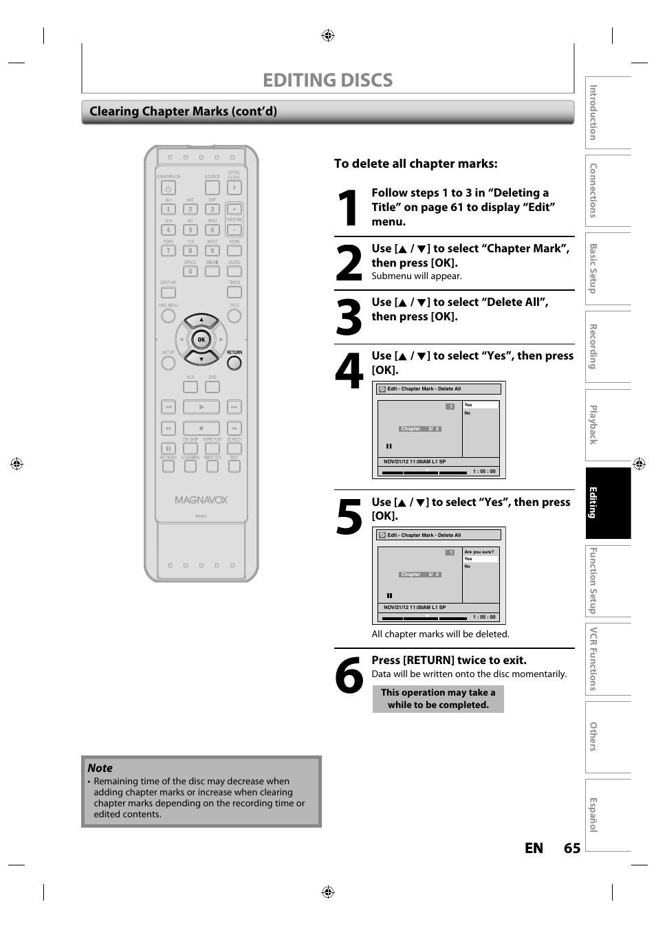 Editing discs | Philips Magnavox ZV427MG9 User Manual | Page 65 / 98