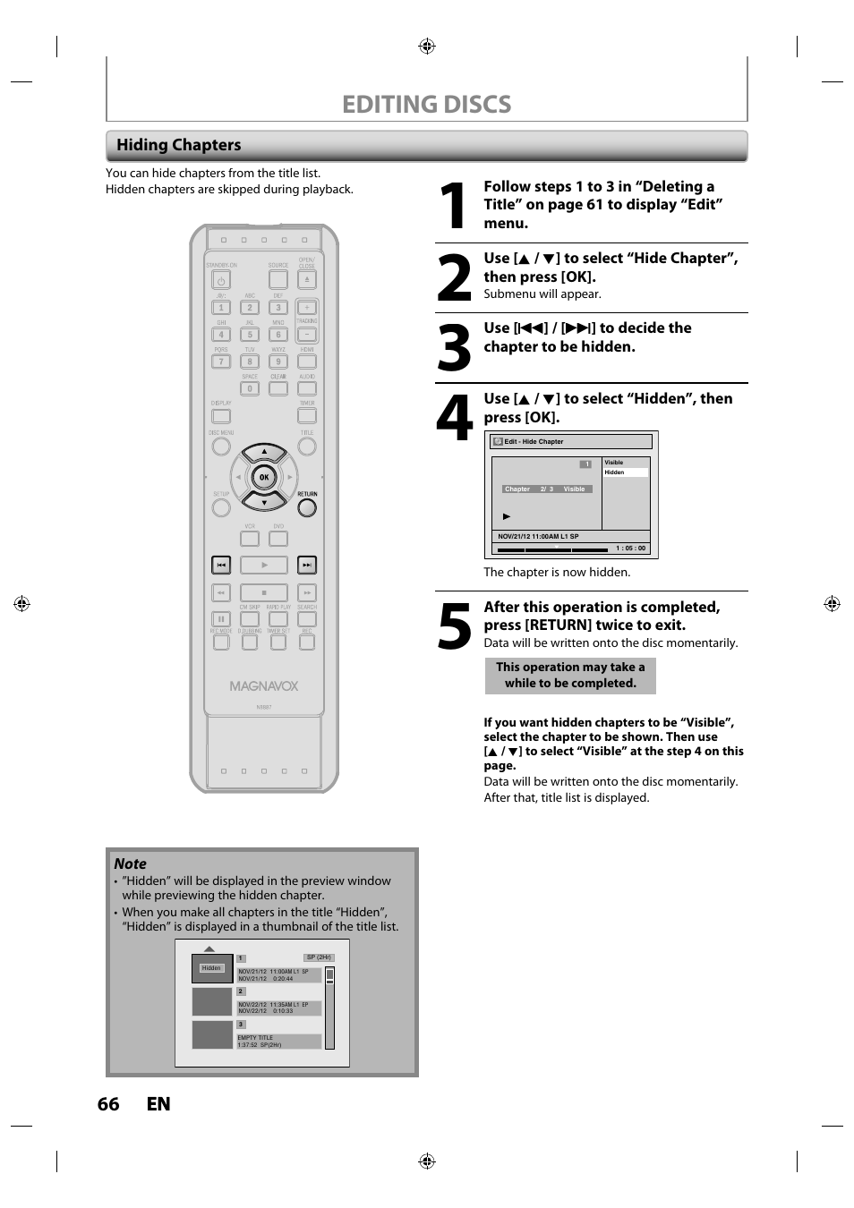 Hiding chapters, Editing discs | Philips Magnavox ZV427MG9 User Manual | Page 66 / 98