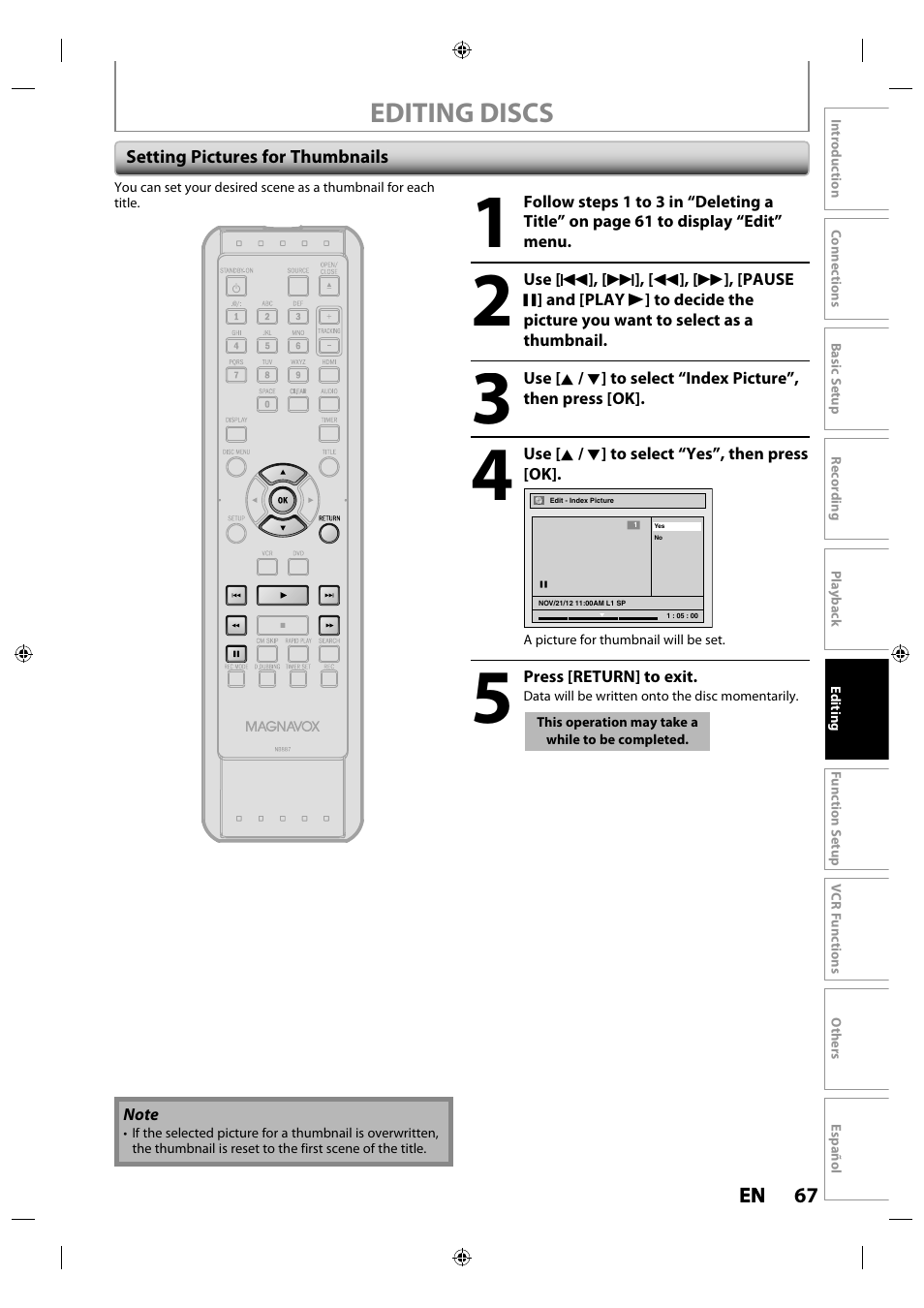 Setting pictures for thumbnails, Editing discs | Philips Magnavox ZV427MG9 User Manual | Page 67 / 98