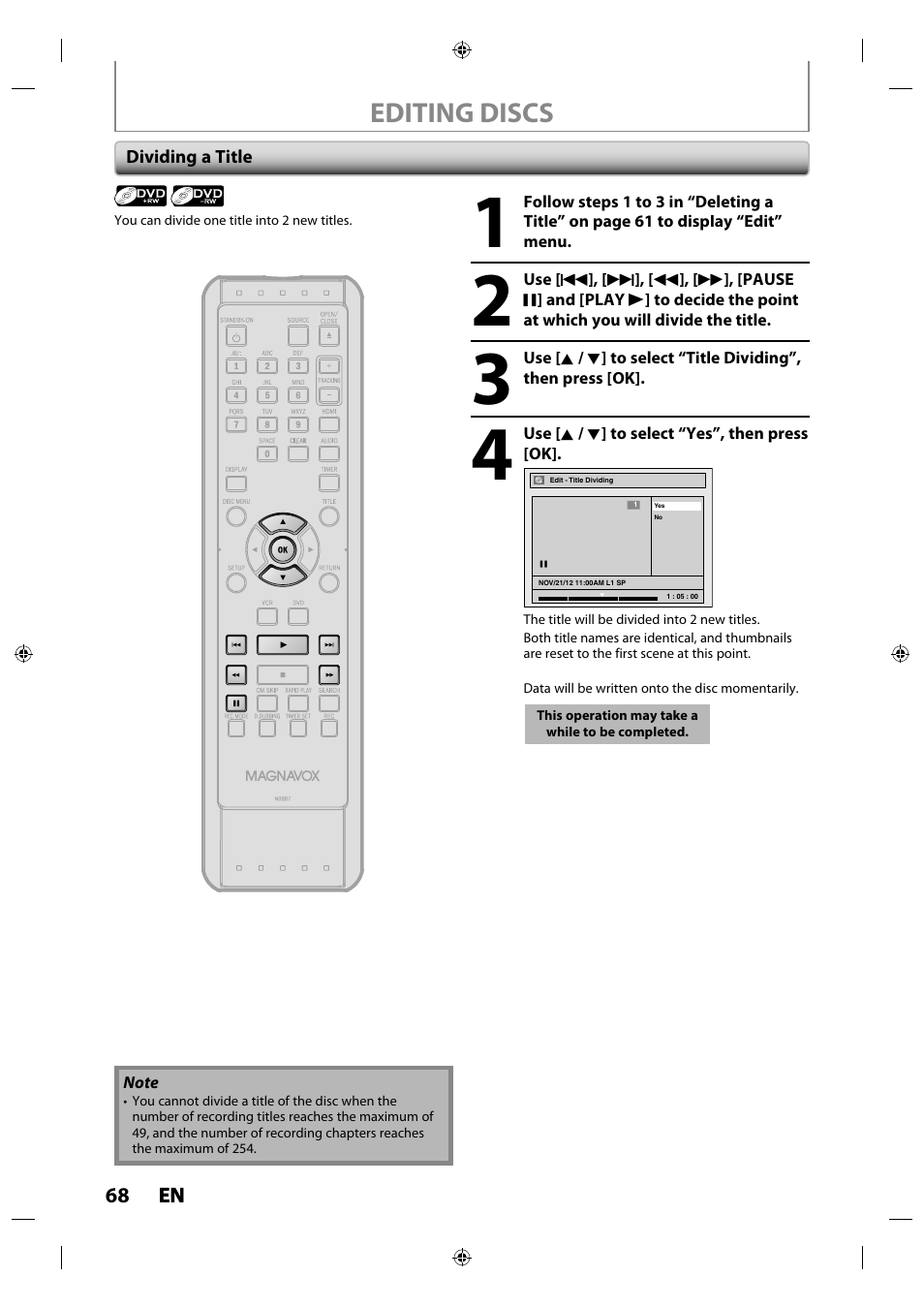 Dividing a title, Editing discs | Philips Magnavox ZV427MG9 User Manual | Page 68 / 98