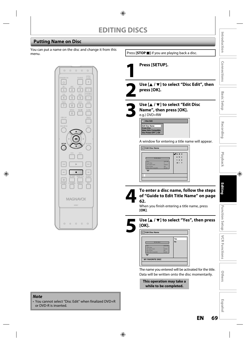 Putting name on disc, Editing discs, 69 en en | Philips Magnavox ZV427MG9 User Manual | Page 69 / 98