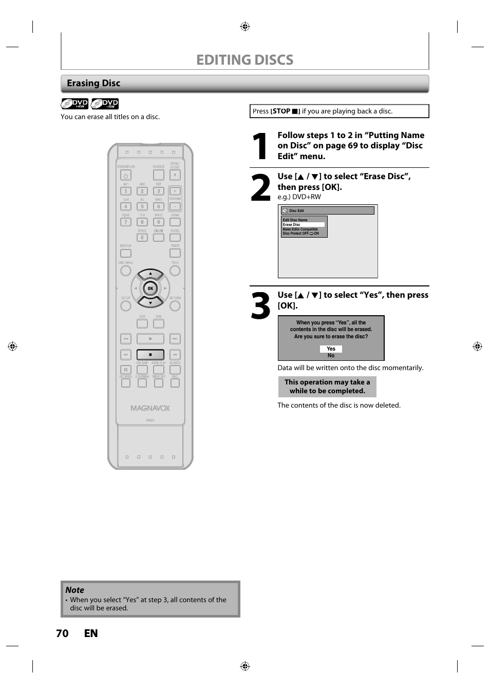 Erasing disc, Editing discs | Philips Magnavox ZV427MG9 User Manual | Page 70 / 98