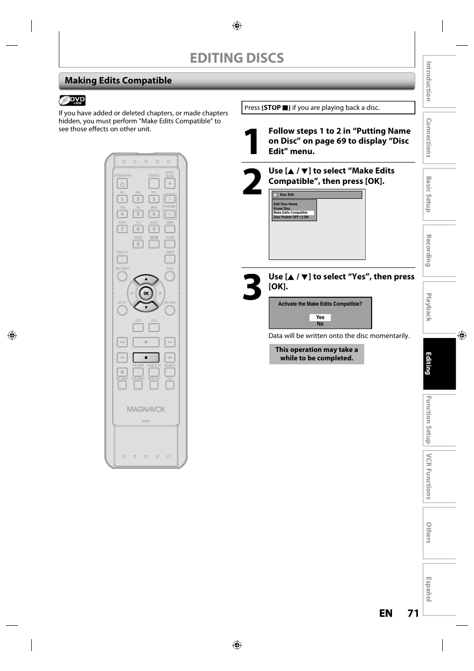 Making edits compatible, Editing discs | Philips Magnavox ZV427MG9 User Manual | Page 71 / 98