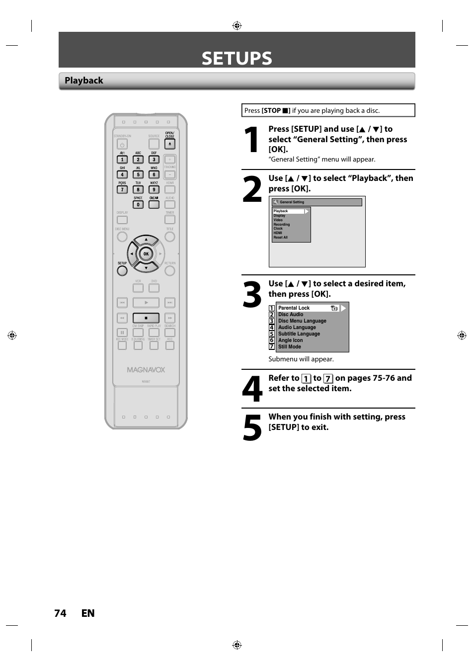 Setups, Playback | Philips Magnavox ZV427MG9 User Manual | Page 74 / 98