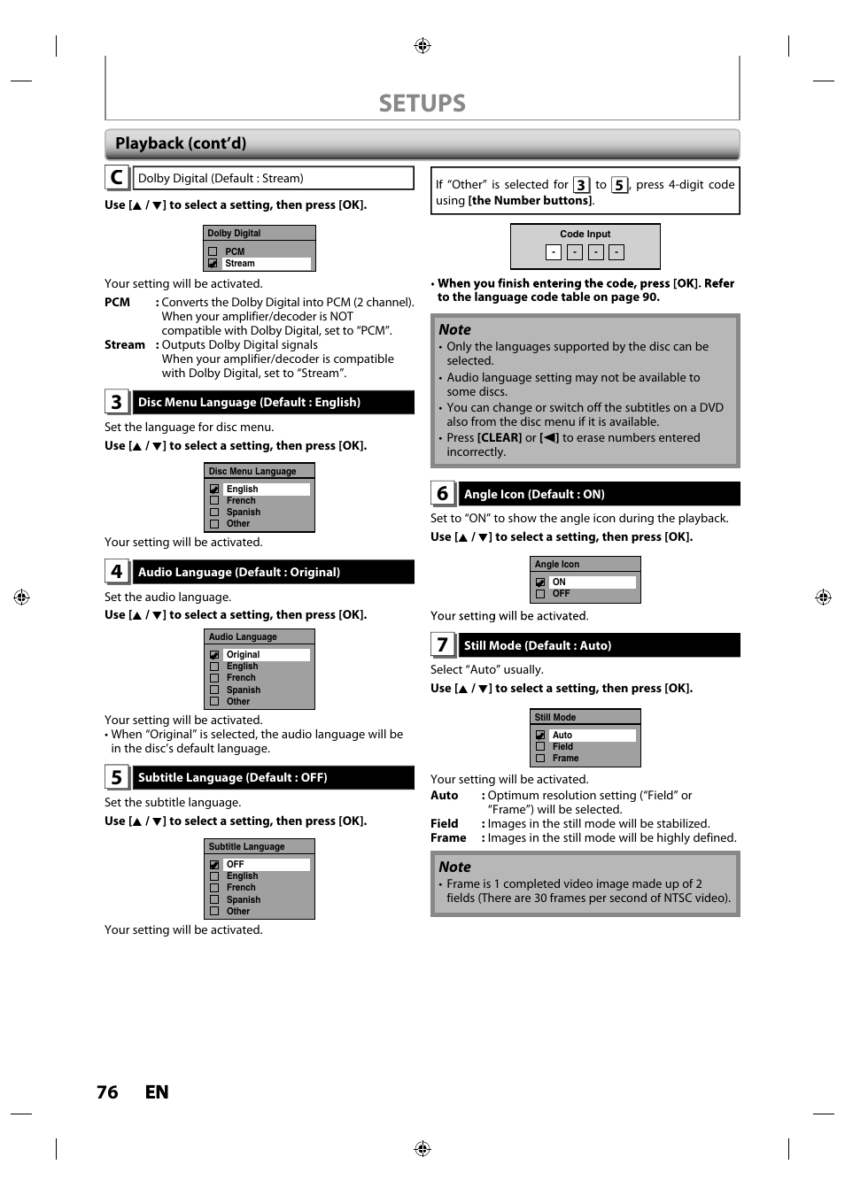 Setups, 76 en en, Playback (cont’d) | Philips Magnavox ZV427MG9 User Manual | Page 76 / 98