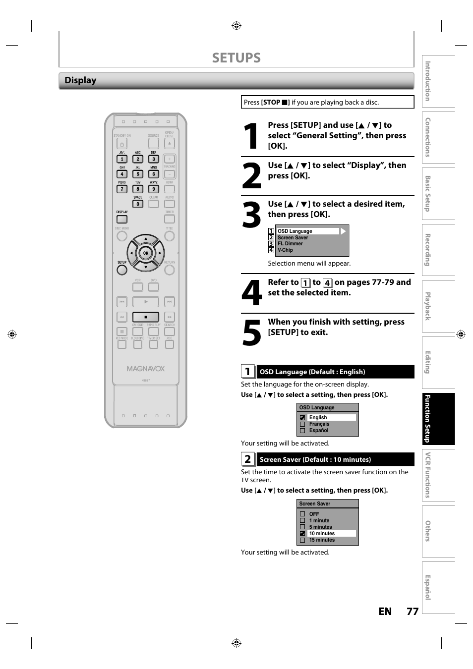 Display, Setups | Philips Magnavox ZV427MG9 User Manual | Page 77 / 98