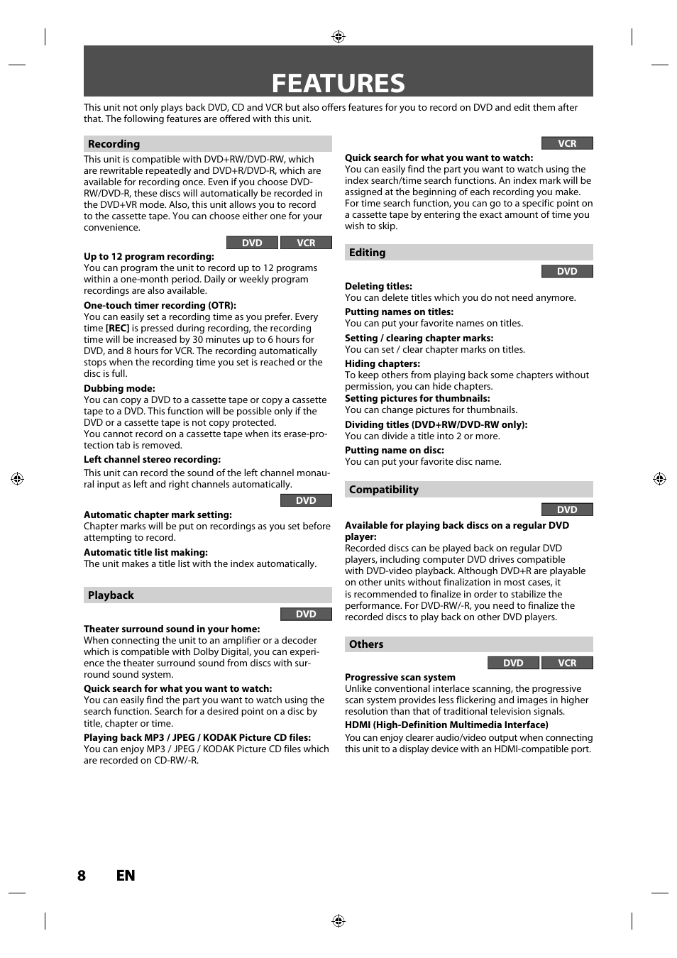 Features, 8en en | Philips Magnavox ZV427MG9 User Manual | Page 8 / 98