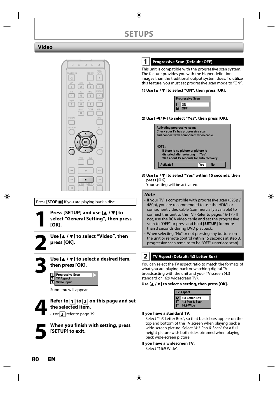 Video, Setups | Philips Magnavox ZV427MG9 User Manual | Page 80 / 98