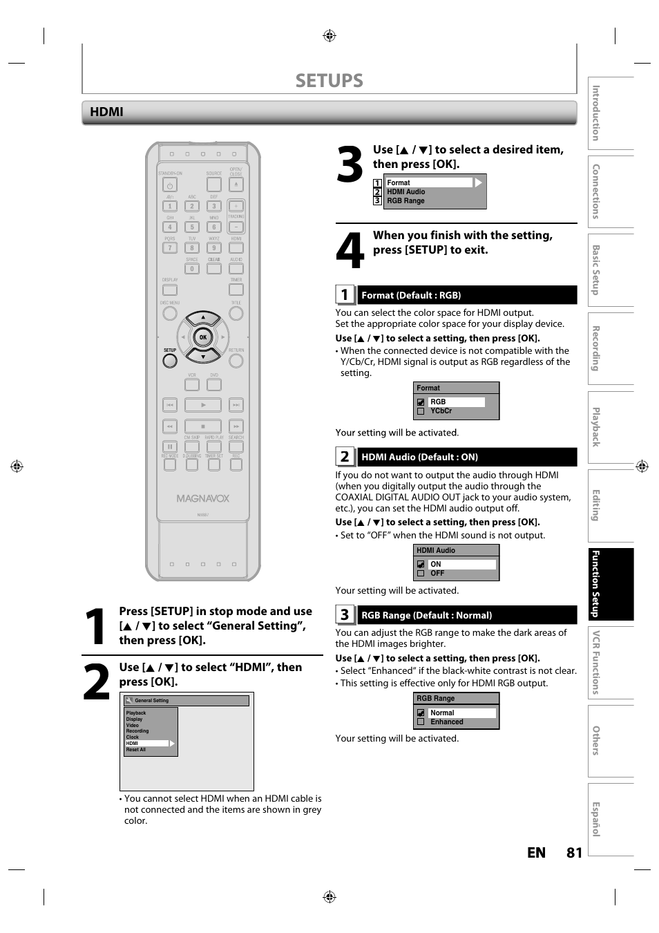 Hdmi, Setups | Philips Magnavox ZV427MG9 User Manual | Page 81 / 98