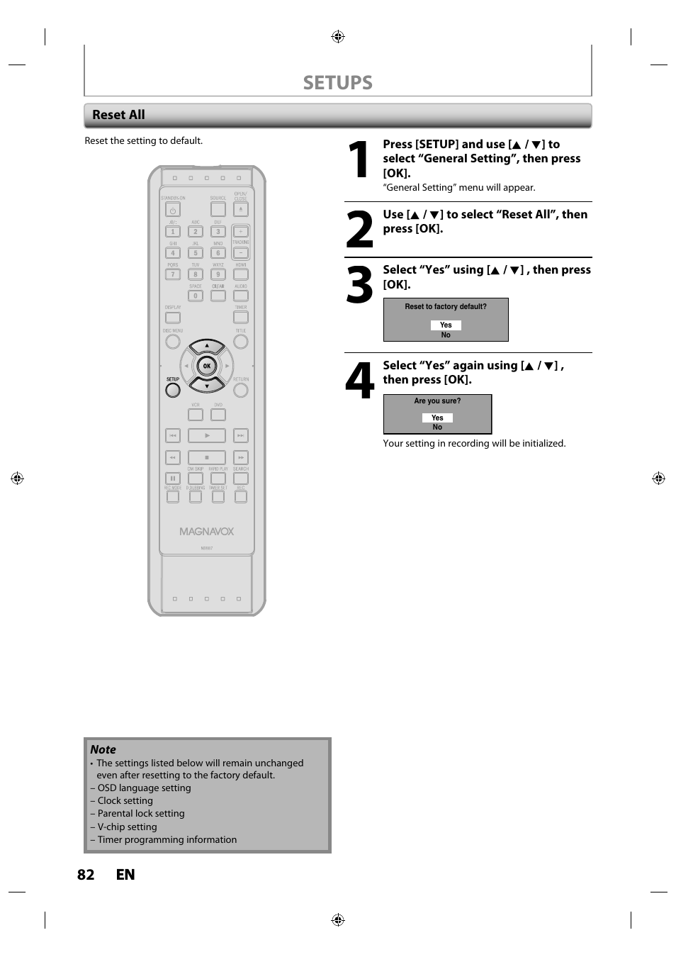 Reset all, Setups | Philips Magnavox ZV427MG9 User Manual | Page 82 / 98