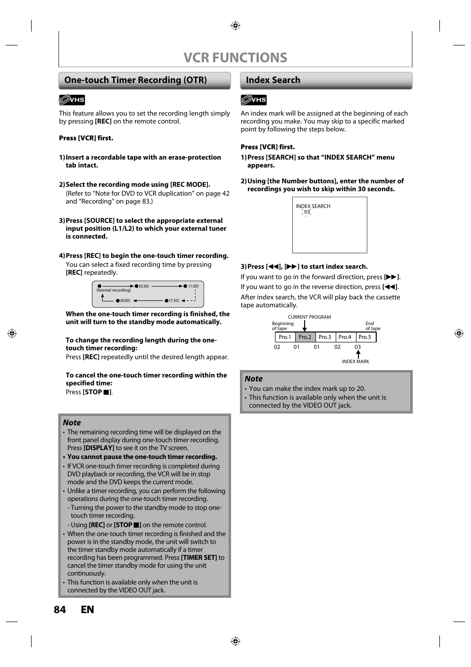 One-touch timer recording (otr), Index search, Vcr functions | 84 en en, One-touch timer recording (otr) index search | Philips Magnavox ZV427MG9 User Manual | Page 84 / 98