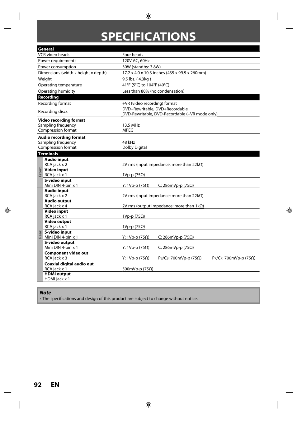 Specifications, 92 en | Philips Magnavox ZV427MG9 User Manual | Page 92 / 98