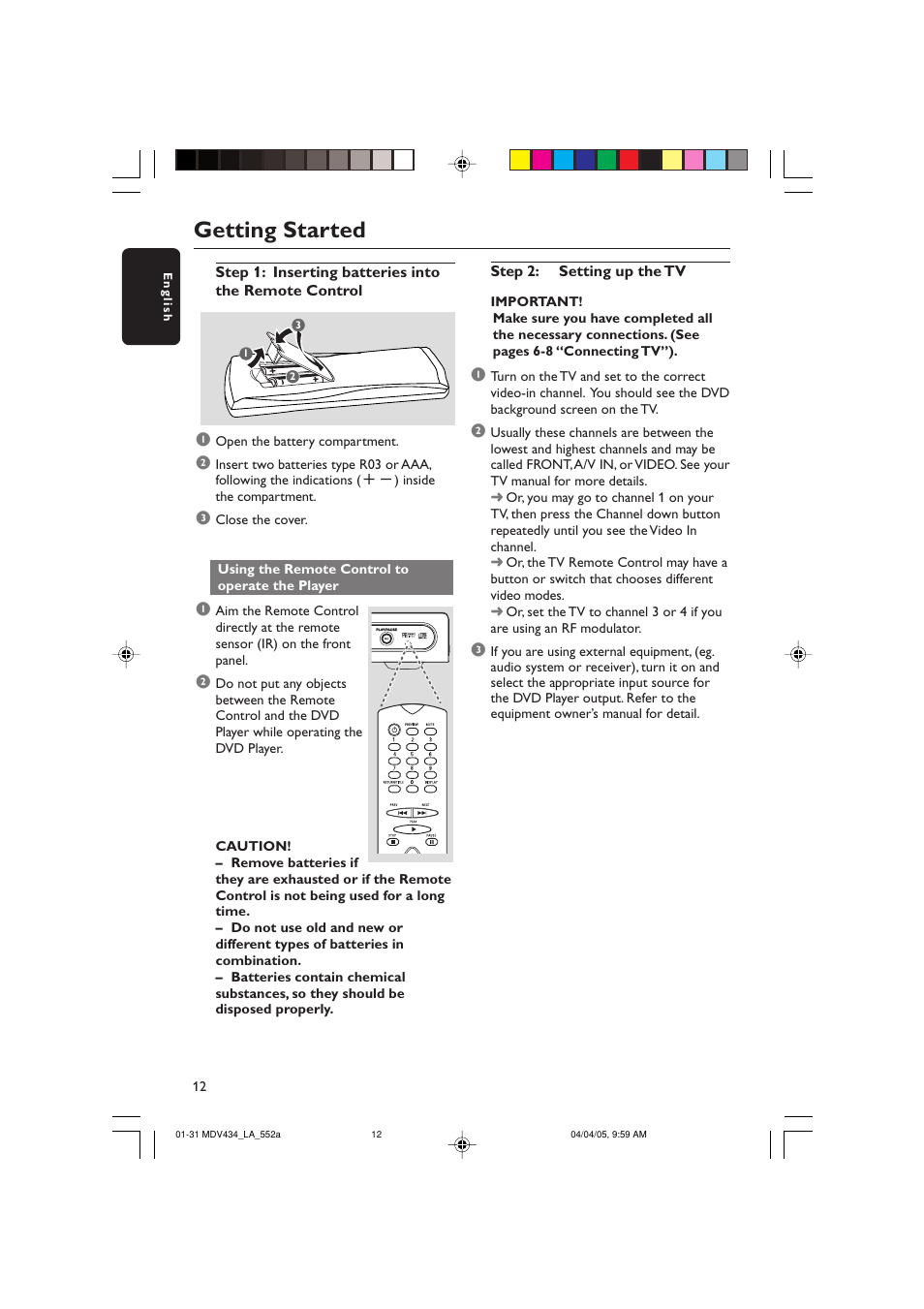 Getting started | Philips Magnavox MDV434 User Manual | Page 12 / 31