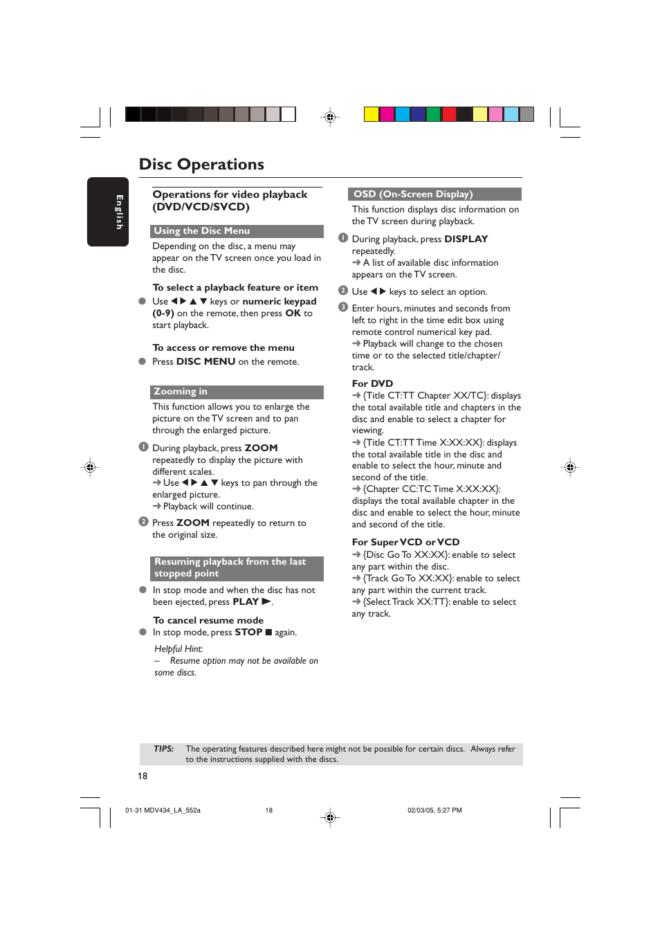 Disc operations | Philips Magnavox MDV434 User Manual | Page 18 / 31