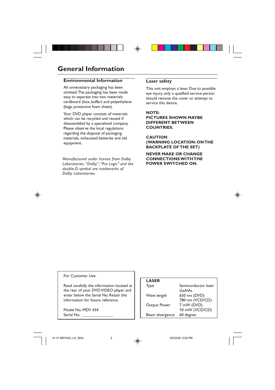 General information | Philips Magnavox MDV434 User Manual | Page 2 / 31