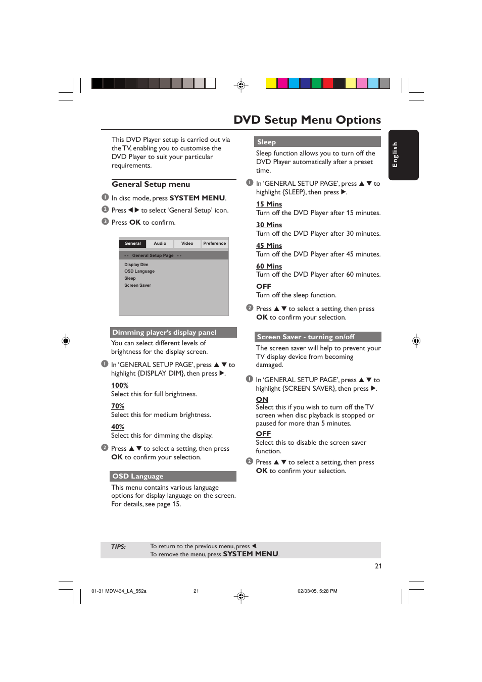 Dvd setup menu options | Philips Magnavox MDV434 User Manual | Page 21 / 31