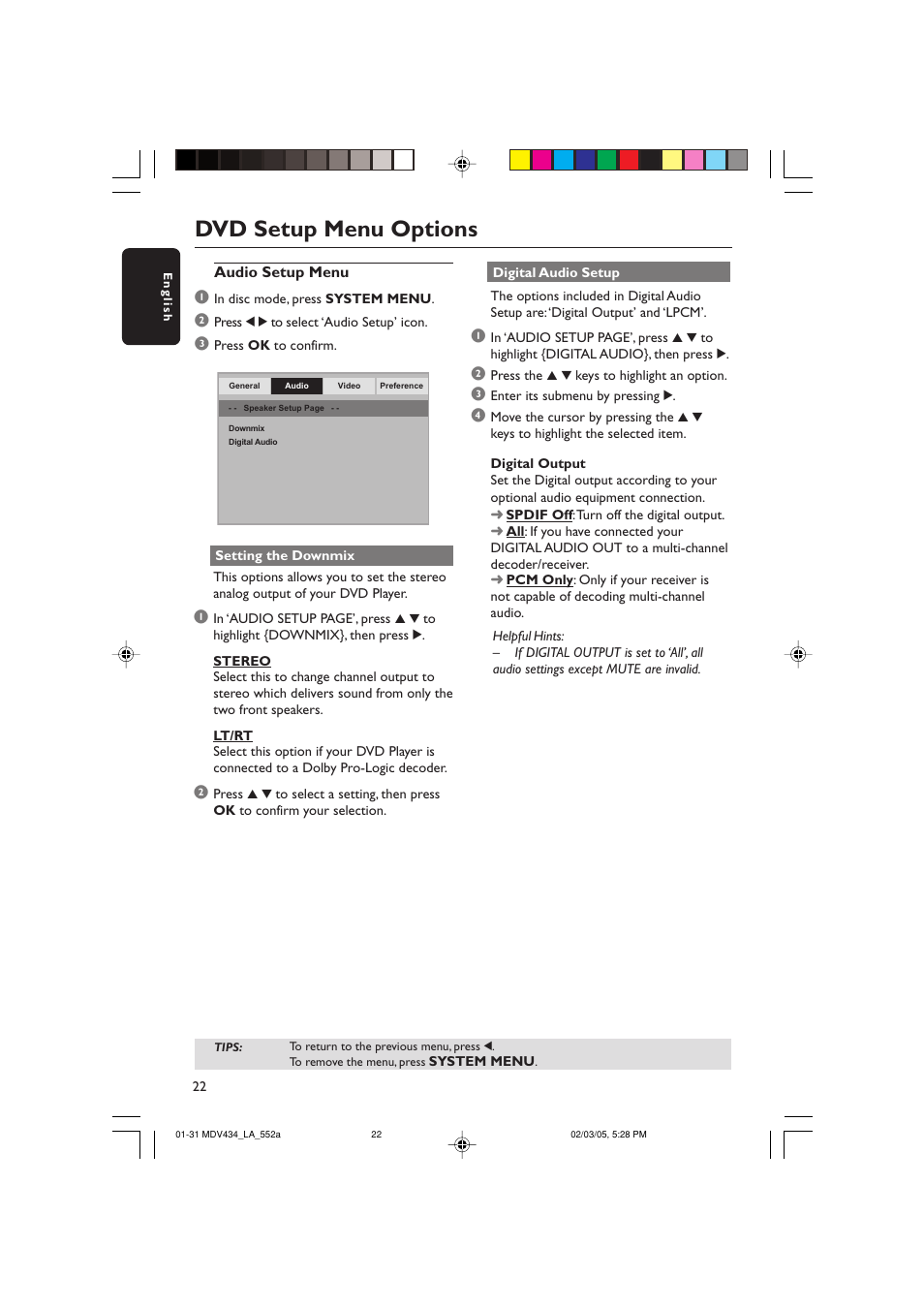 Dvd setup menu options | Philips Magnavox MDV434 User Manual | Page 22 / 31